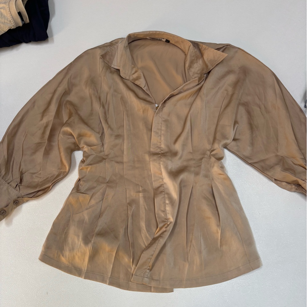 Women’s Taupe Satin silk  Blouse - Classic Collared Top